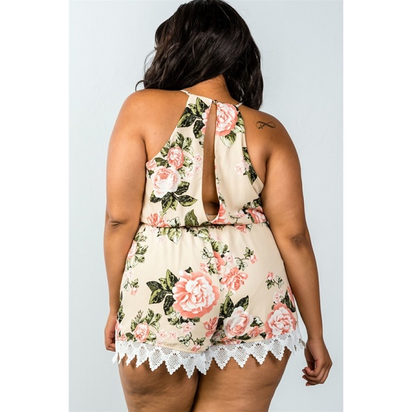 PLUS SIZE TAUPE SLEEVELESS CROCHET TRIM ROMPER - Picture 2 of 6